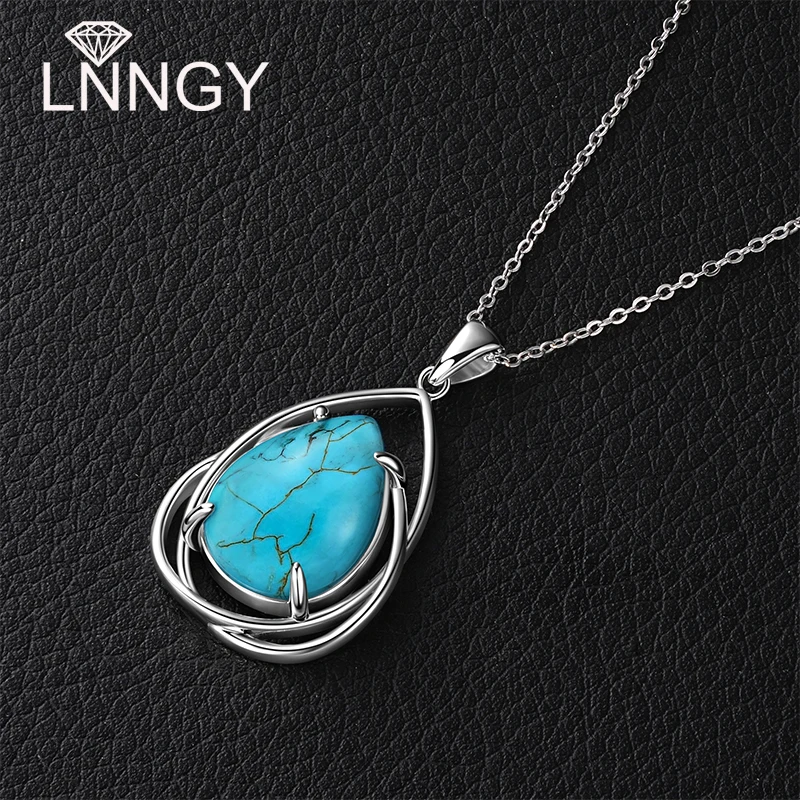 

﻿Lnngy 925 Sterling Silver Necklaces Oval/Round/Pear Cut Artificial Turquoise Pendant Necklace for Women Bohemian Jewelry Gift