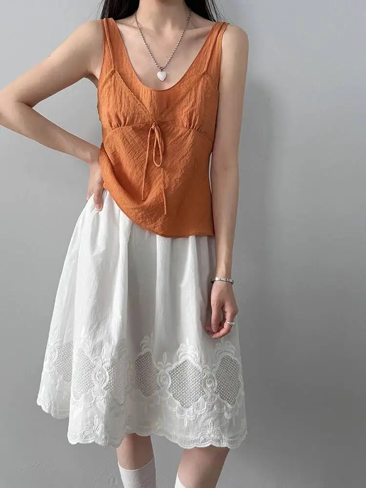 Orange Spliced Women Elegant Tank Tops New Round Neck Sleeveless Personality Fashion  Spring Summer 2026 Y9Z8