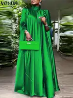 Plus Size 5XL VONDA Women Stand Collar Elegant Satin Dress Long Bat Sleeve Evening Pleated Maxi Sundress Casual Solid Party Robe - Image 4