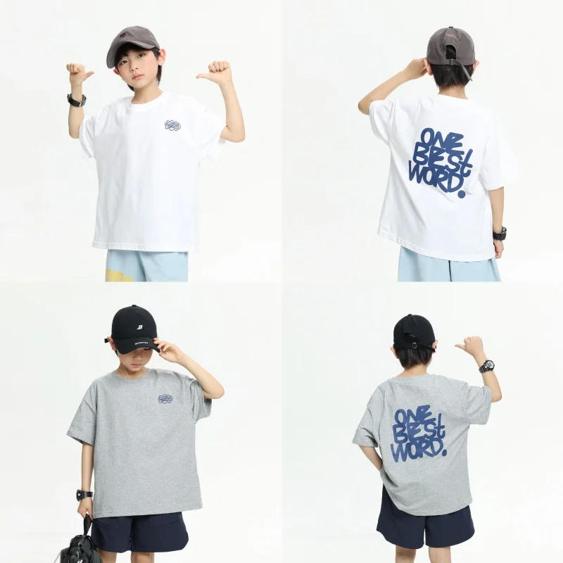 26 Spring Summer Children Kid Clothes Short Sleeve T-Shirt Boys Letter Print Loose Casual Base Layer Pullover 5-16 Years Outfit