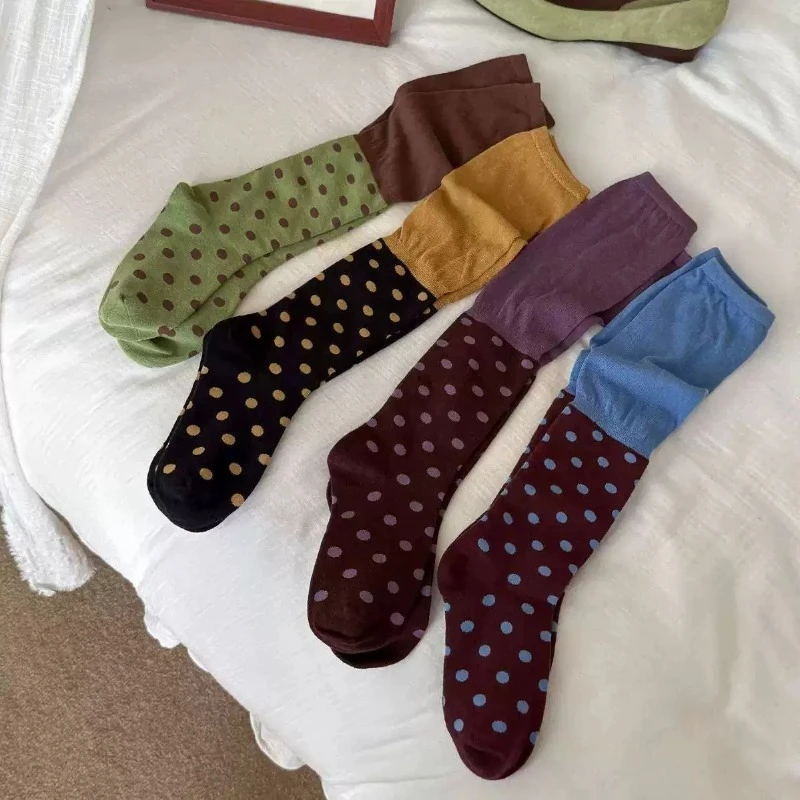 Women Contrast Color Spliced Polka Dot Slouch Socks Trendy Retro Stack Socks Breathable Casual Socks for Fall Winter Outfits