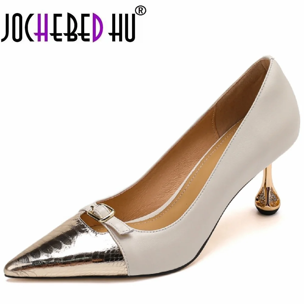 【JOCHEBED HU】Women Genuine Leather Shoes Pointy Toe Italian Pumps Stiletto Brand Runway Multi Colored Slip On High Heels Metal