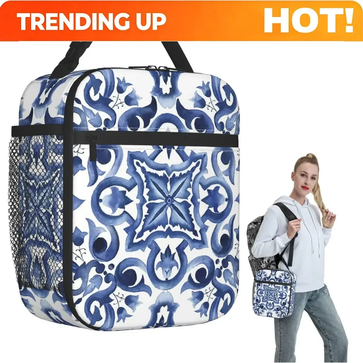 Custom Bag Custom Blue Ornate Floral Mediterranean Sicilian Tile Insulated Lunch Bag For Women Leakproof Food Boxes Thermal Lunc