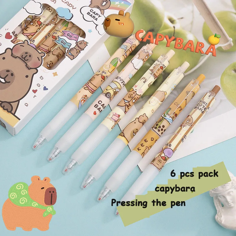 Kawaii 6 PCS Gel Pens Capybara Quick Drying Office Stationery Funny Pressing Pens Smoothly Writing Aesthetic School Supplies