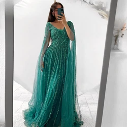 Elegant Green Beaded Sequined Evening Dress for Women 2024 Luxury Cape Sleeves V Neck Long Formal Prom Wedding Party Gowns 2024