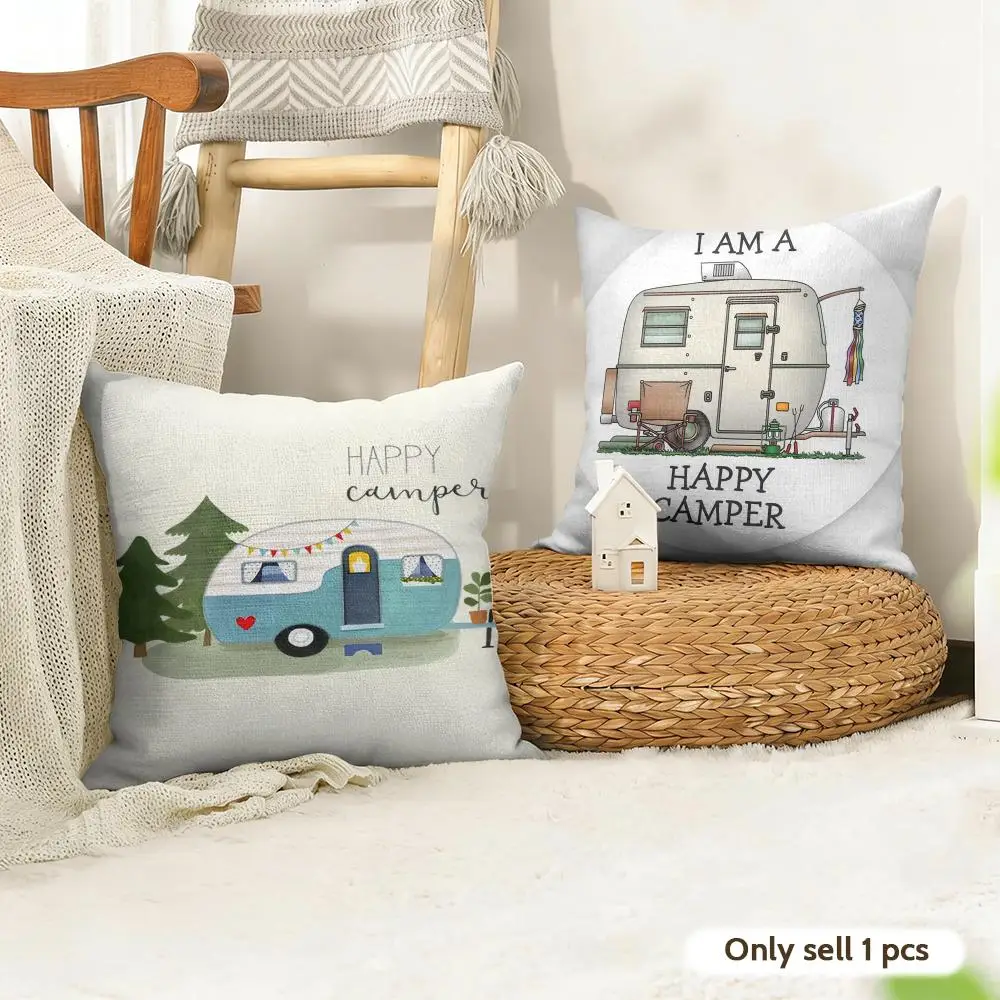 Happy Camping RV Camper Car Cushion Cover Natural Linen Organic Fabric Double-Sided Printing Room Sofa Decor Pillow Case