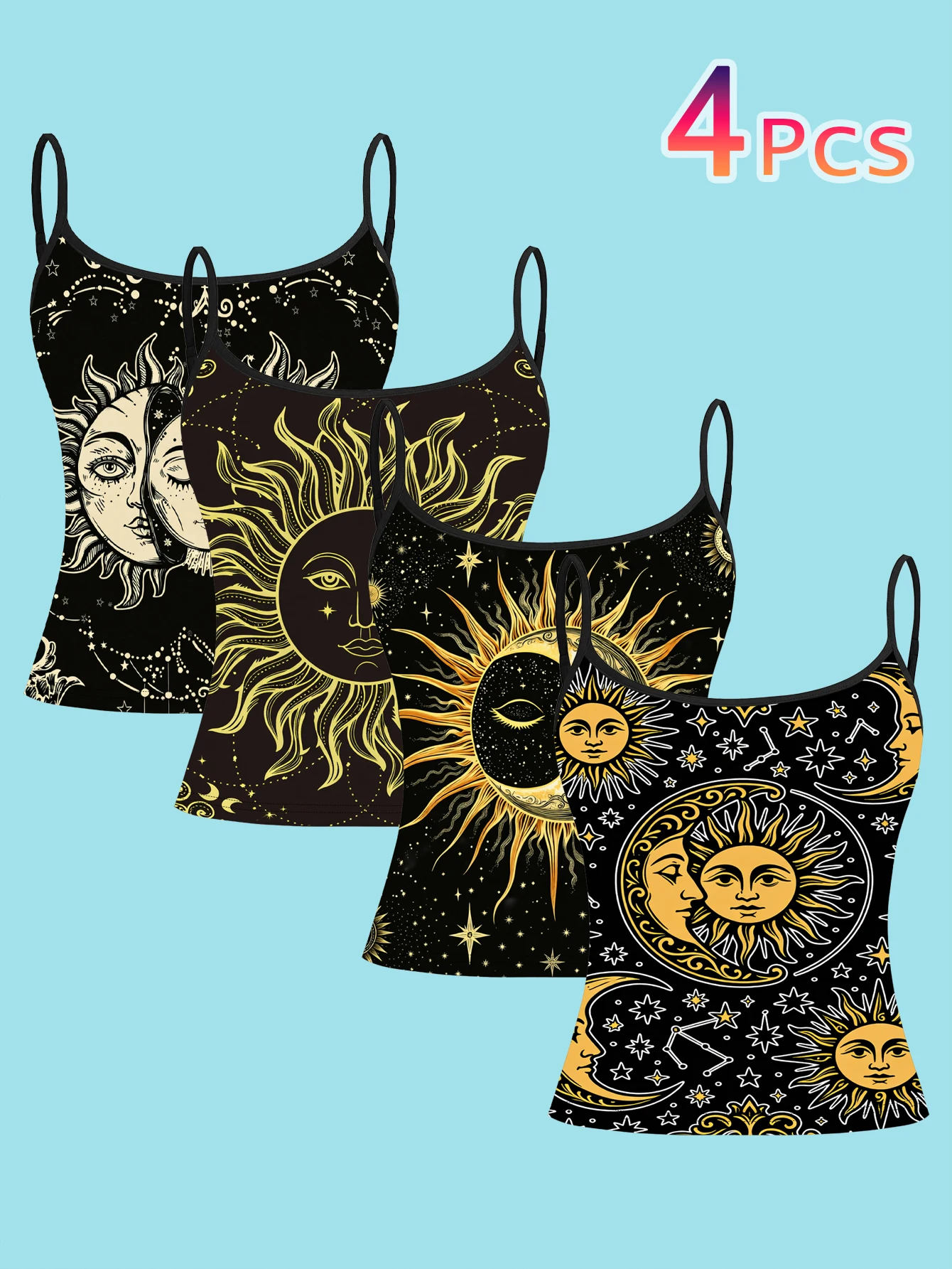 4-Piece Set of Women's Vintage Sun and Moon Print Camisoles, Mysterious Constellation Starry Sky Pattern Slim-Fit Spaghetti Strap Inner Tops