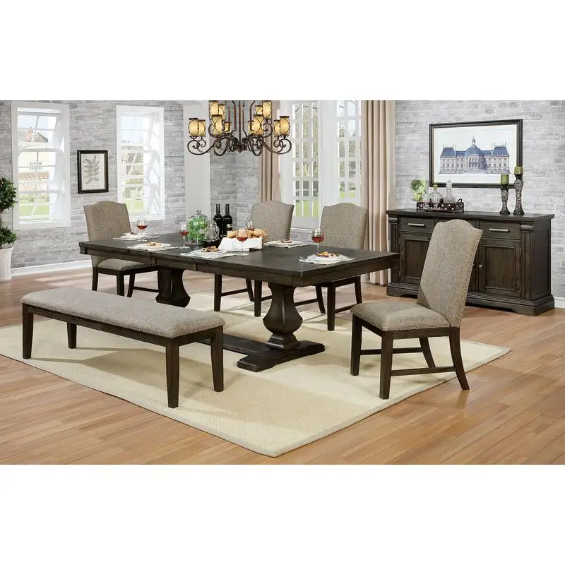 

Contemporary Warm Gray Espresso 6-Piece Solid Wood Dining Set with Leaf, 4 Side Chairs & Bench