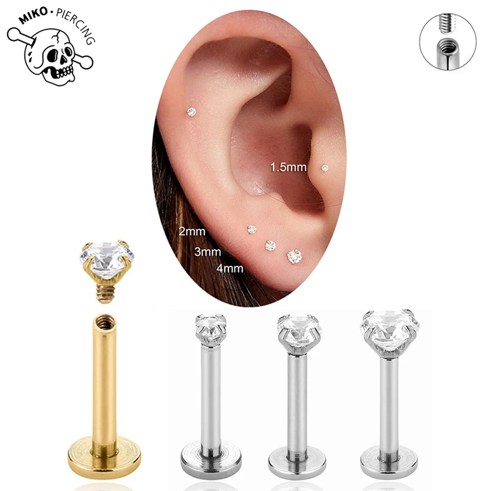 2 Stück Labret Tragus Ohrstecker 16G Chirurgischer Edelstahl CZ Kristall Monroe Helix Knorpel Conch Medusa Lippen-Körperpiercing