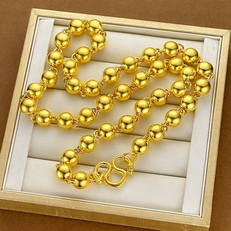 

9999 Real Gold 24K Gold Hollow Buddha Bead Light Bead Necklace Multi-specification Round Bead Necklace
