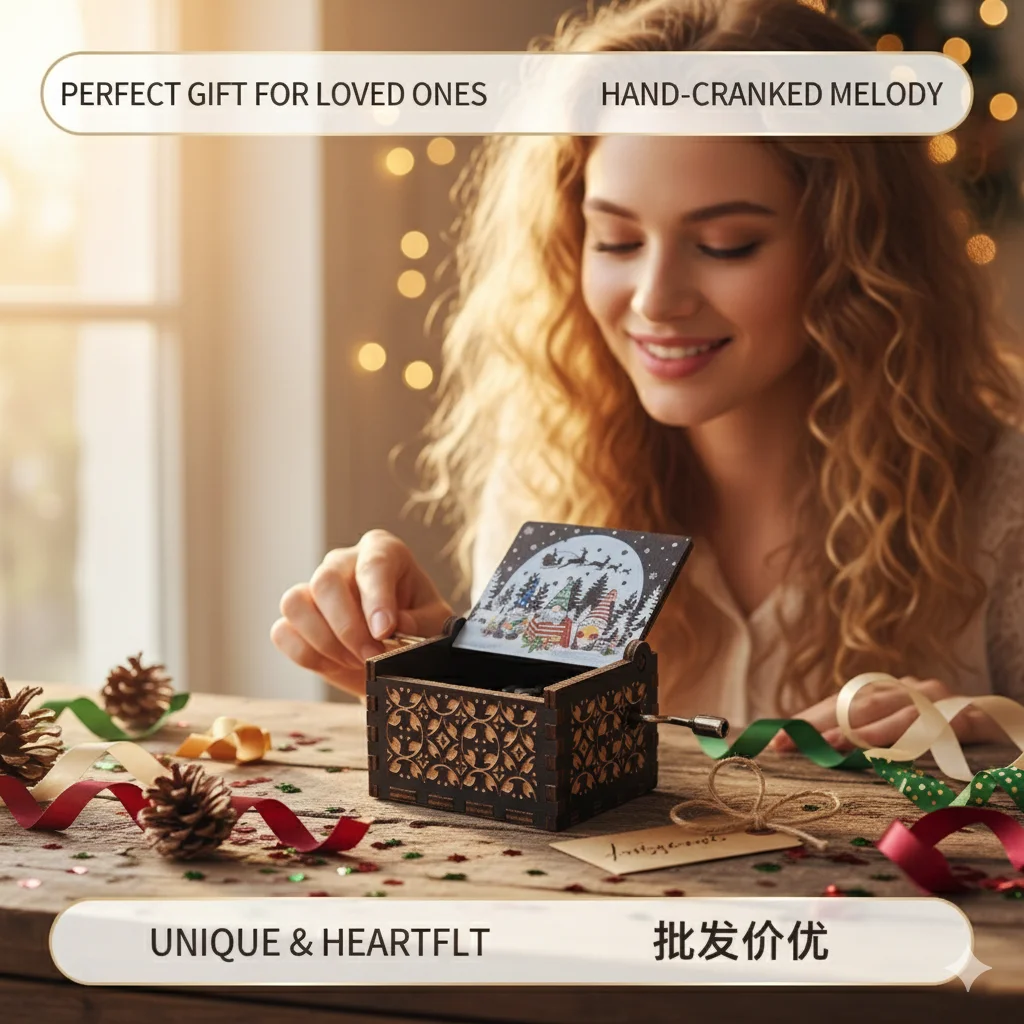 Vintage Wooden Hand Crank Music Box Christmas Windup Musical Gift For Kids Birthday Surprises