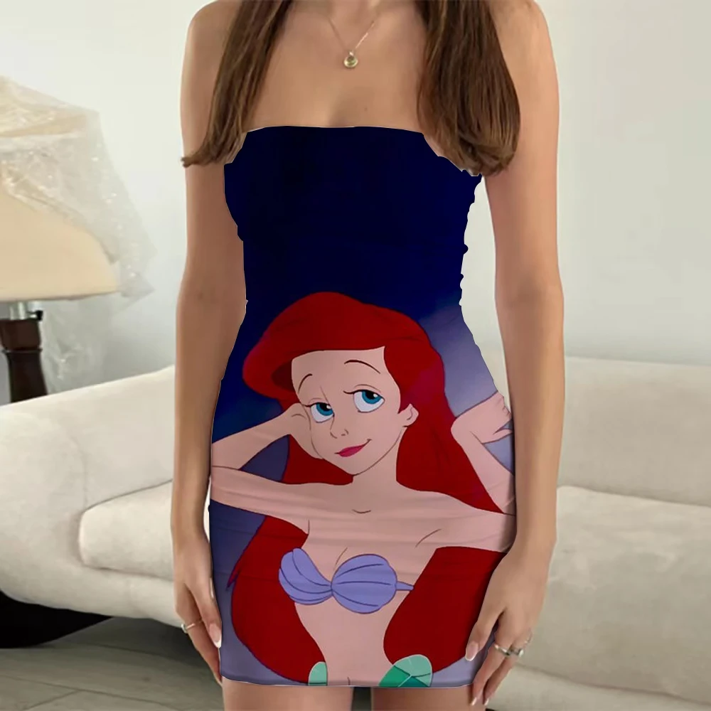 Disney Summer New Beach Party Sexy Fashion Nightclub Style Ariel Mermaid Anime Print Mini One Shoulder Tube Top Dress Y2K