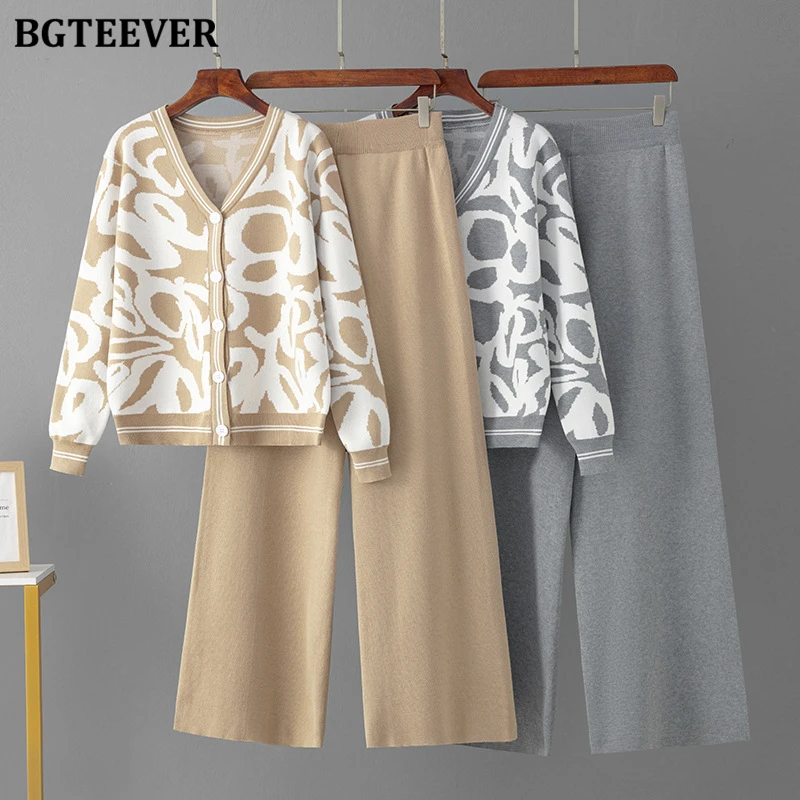 BGTEEVER Stylish Autumn Winter Ladies 2 Pieces Sweater Set V-neck Single-breasted Leopard Cardigans & Knitted Wide Leg Pants