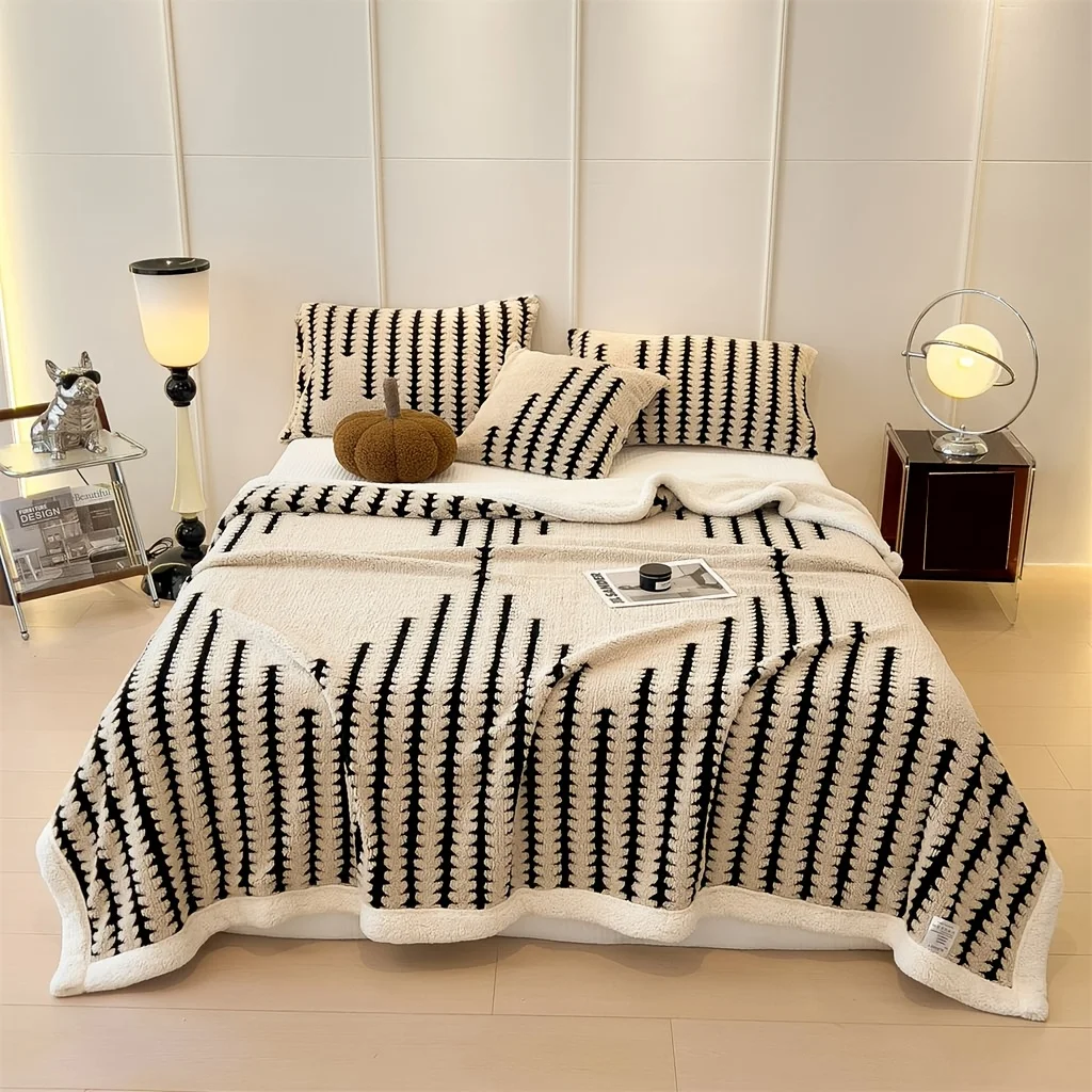 Double Layer Plush Blanket With Geometric Pattern Soft Throw For Bed And Sofa Machine Washable All Season