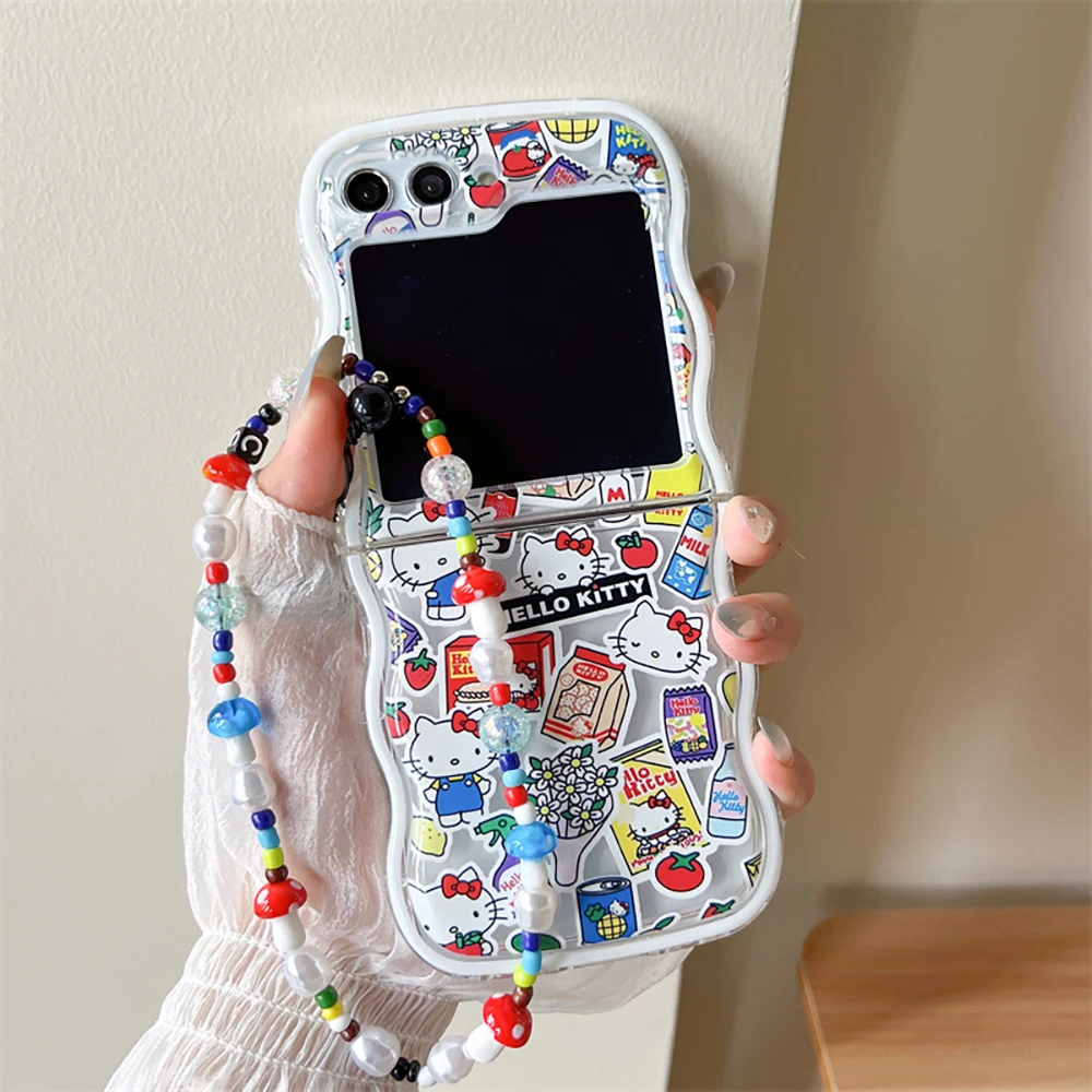 

Kawaii Hello Kitty with Lanyard Phone Case for Samsung Galaxy Z Flip 3 4 Z Flip 5 6 5G PC Hard Anti-drop Wave Cover Y2k Girl