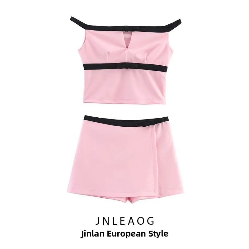 JNLEAOG Celana Rok Wanita Desain Fashion Musim Semi dengan Hiasan Simpul 364459 atau Set Dua Potong V-ne