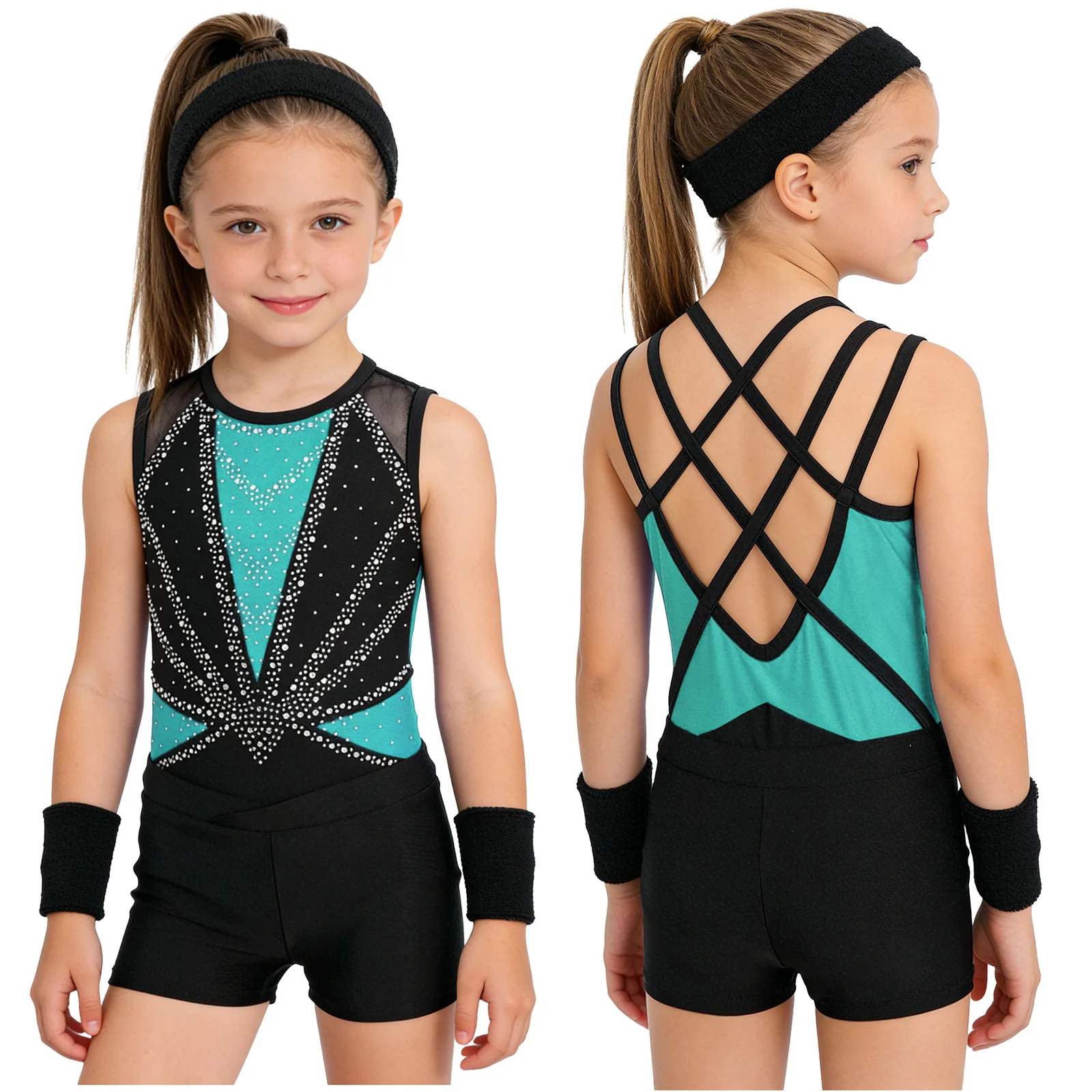 

Kids Girls Gymnastics Ballet Dance Clothes Set Figure Skating Leotard and Sports Headband Wristbands Set Lyrical Yoga Dancewear