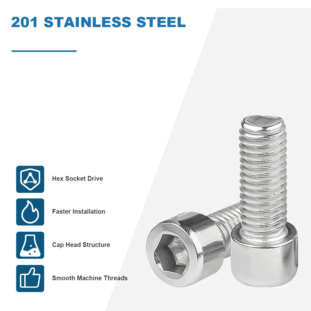 HOWSHENG Hex Socket Head Cap Screws Without Knurled 201 Stainless Steel Allen Head Cap Bolts Metric GB70 M3 M4 M5 M6 M8 M10 M12