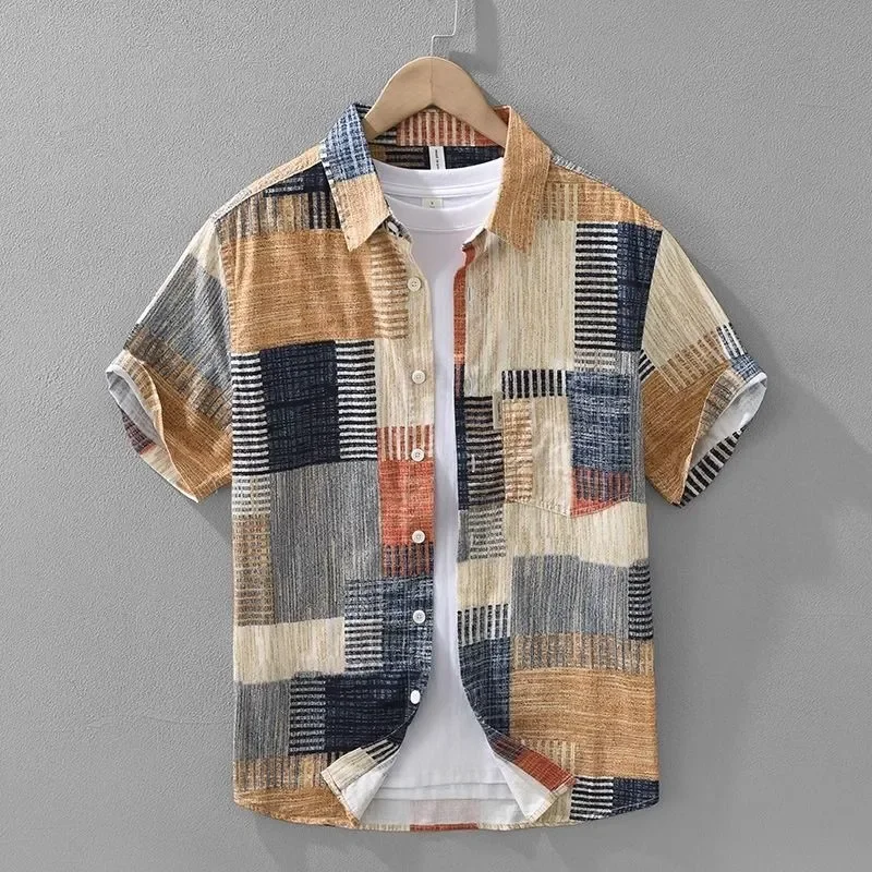 Men's Short Sleeve Patchwork Print Casual Shirt with Turn Down Collar Button Front Lightweight Breathable Summer Top