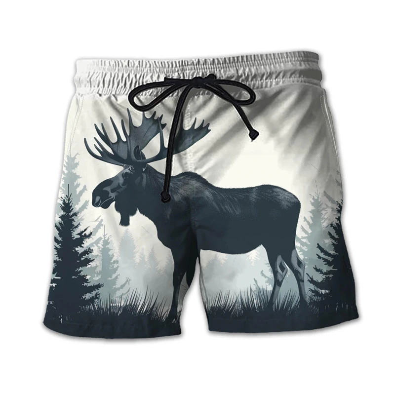 Vintage Moose Graphic Beach Shorts For Men Summer Fashion 3D Animals Printed Swim Trunks Casual Oversized Vacation Board Short