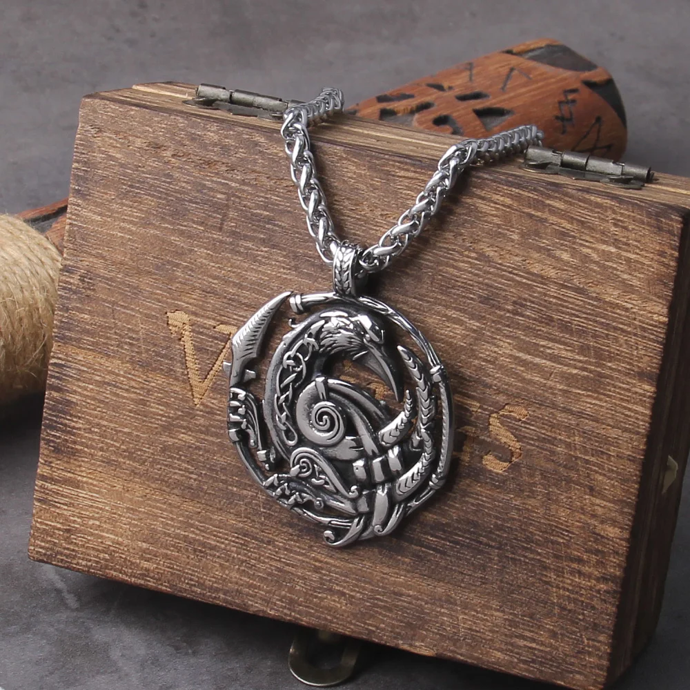 Celtic Knot Necklace Stainless Steel Viking Necklace with Odin Raven Pendant in Nordic Viking Style Packed in Wooden Box as Gift