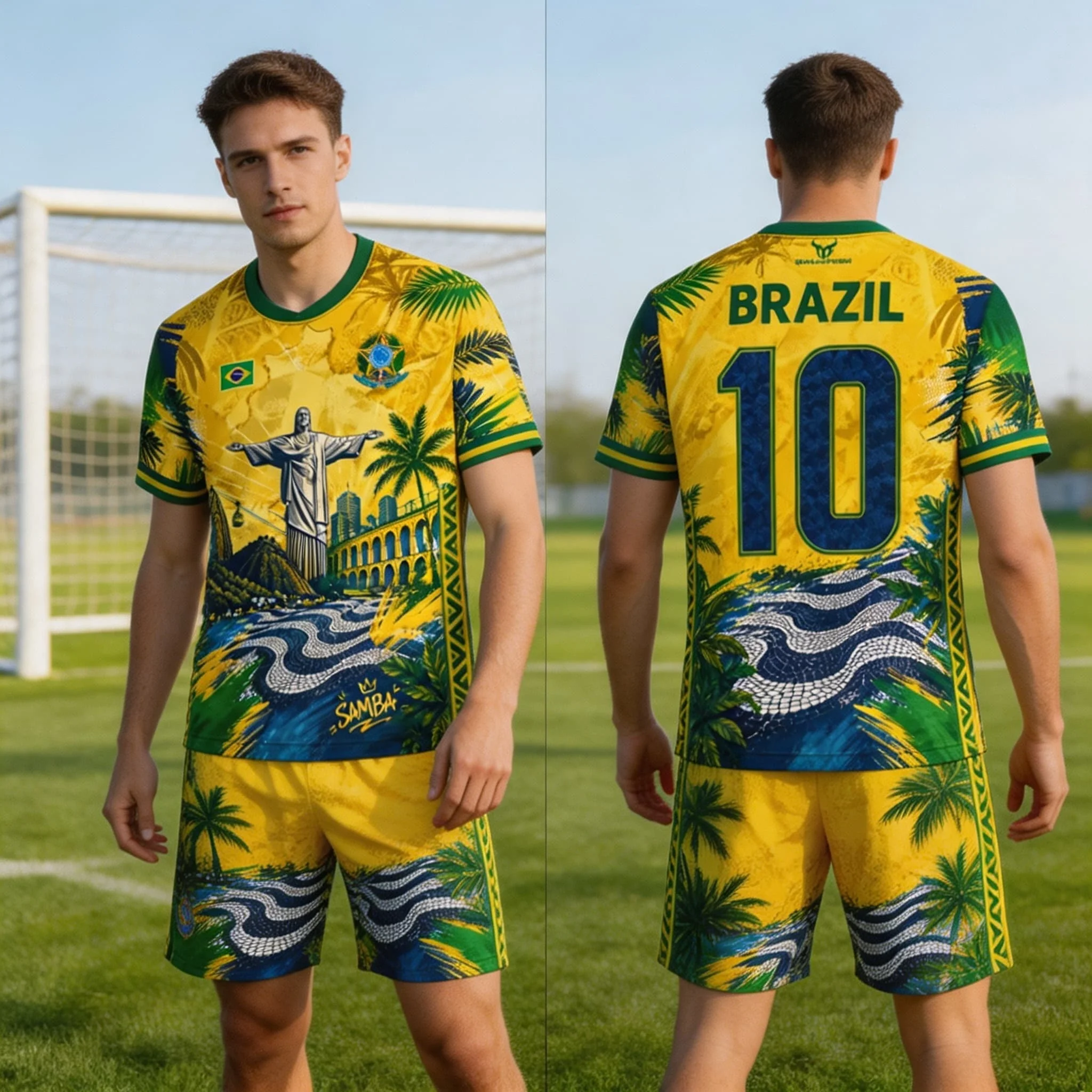 Brazil Style Flag Printed Jesus Graphic Football Women's Suit Tshirt Shorts Unisex Short Sleeve Quick Drying Men's T Shirt Set