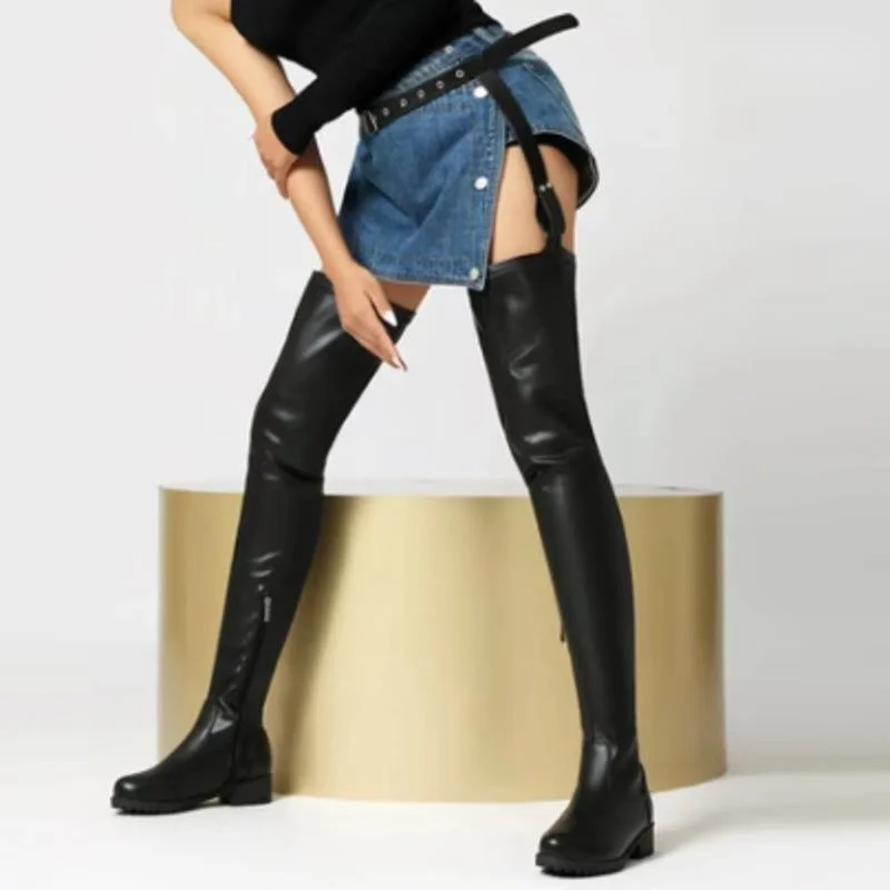 

Large Size 41-46 Low Heel Belt Buckles Leg Boots Women Over Ther Knee Boots Leather Boots Shoes