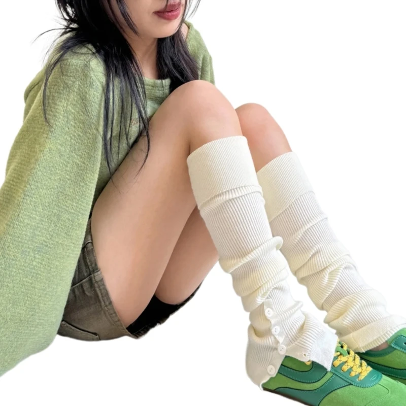 Ribbed Knit Thigh High Long Socks with Button Detail Split Designs Over Knee Leg Warmers Stockings for Dance Enthusiasts