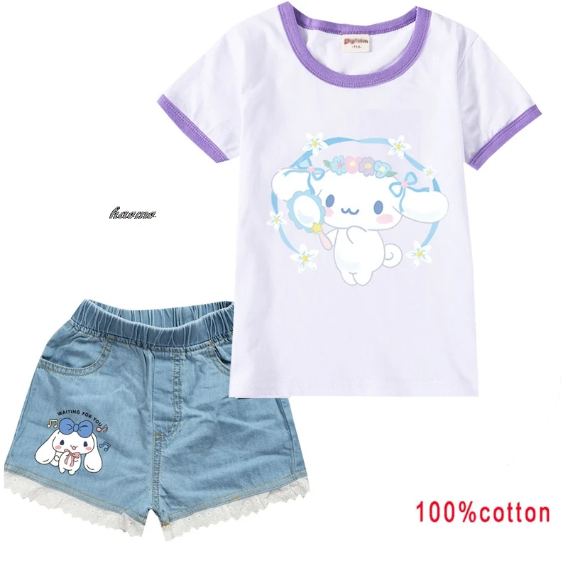 Cartoon T-Shirt + Jeans Shorts Hot Cinnamoroll Boy And Girls Casual Sports T-shirts And Shorts Suit Anime 2-Piece Kid's Clothing