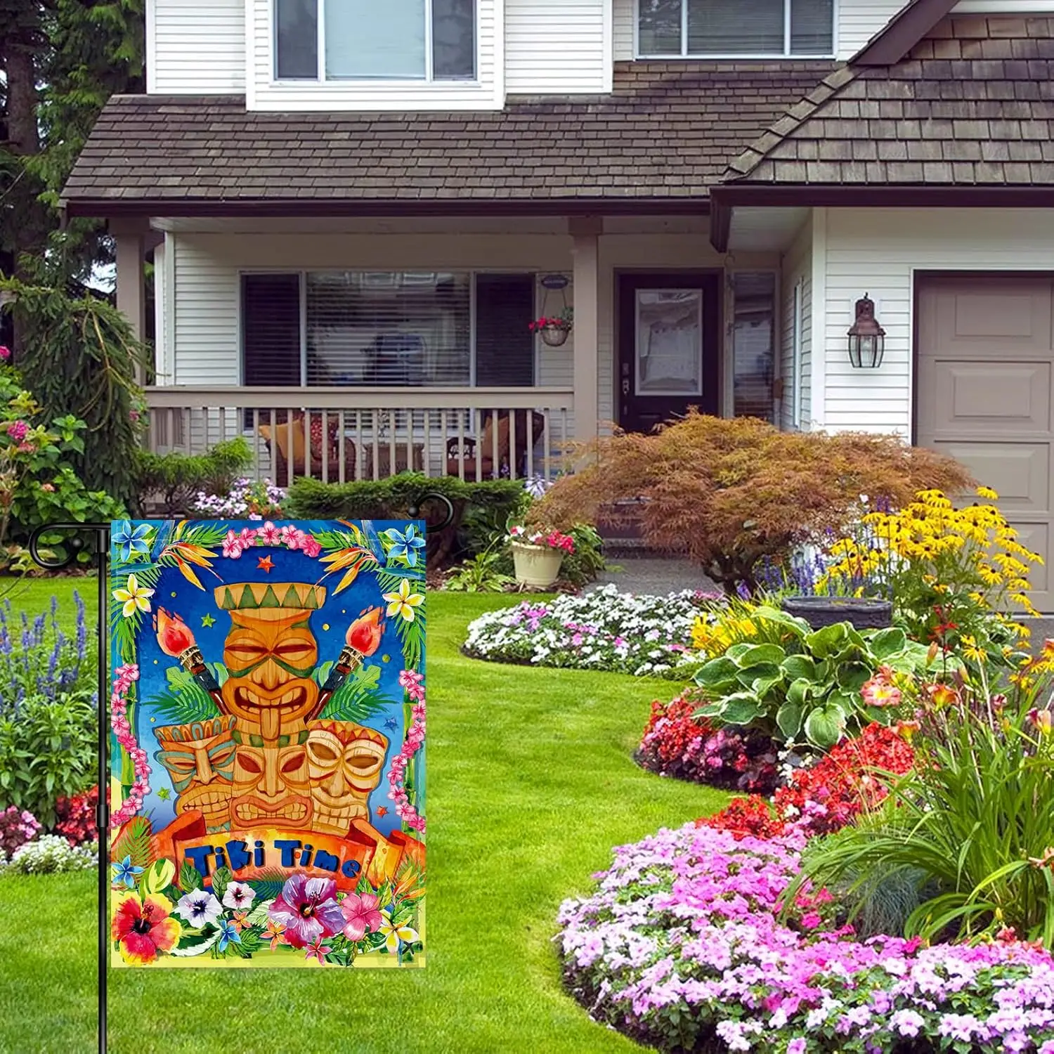 Tiki Time Summe House Flag - Luau Party Yard Sign - Tiki Bar Hawaii Tropical Luau Hibiscus Frangipani Flower Flag - Summer O UUN - view 5