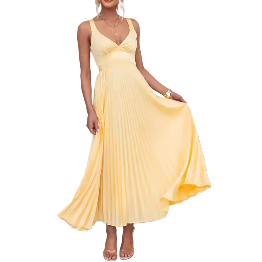

Sexy V-neck Backless Spaghetti Straps Pleated Dress Yellow
