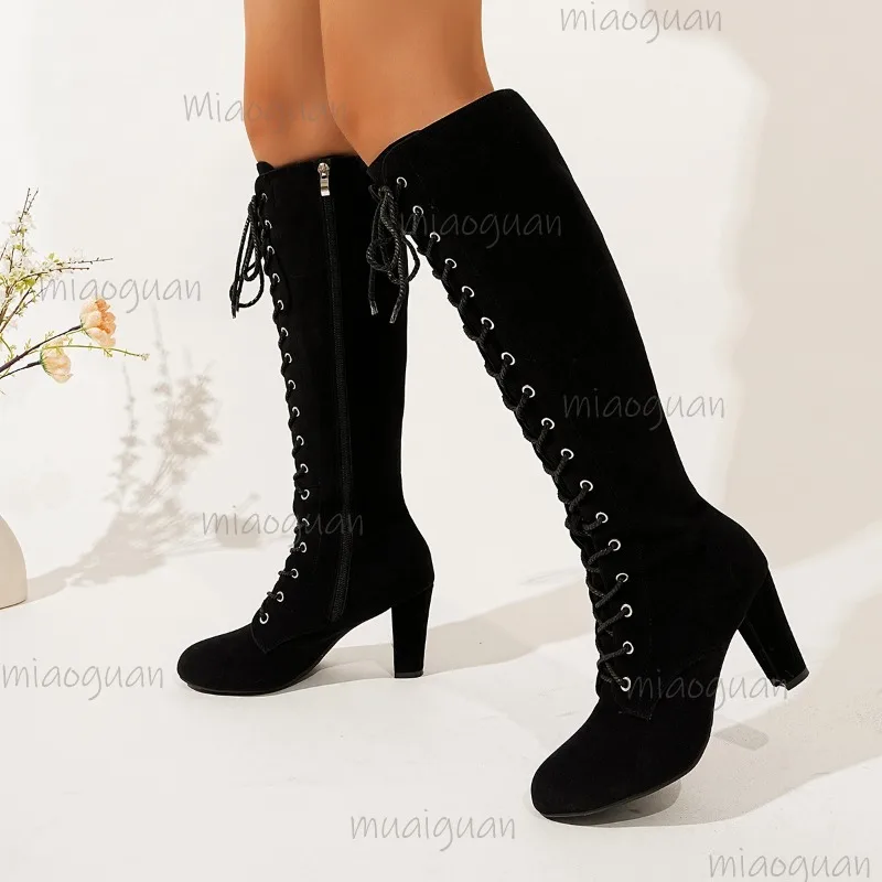 Plus Size35-43 Suede Brown Women's Mid Calf Boots Side Zipper Chunky Heel Retro High Heel Fashion Autumn Winter Knee-High Boots
