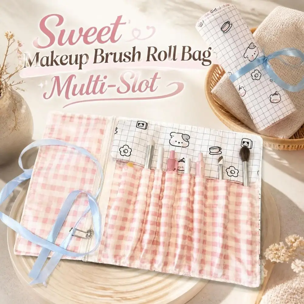 Multi-Slot Makeup Brush Roll Bag Grid Pattern Ribbon-Tie Cosmetic Brush Pouch Roll-Up Portable Brush Storage Wrap