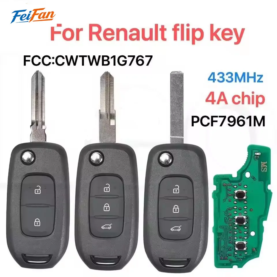 For Renault Kadjar Captur Megane 3 Symbol Logan 2 Sandero 2 Dacia Car Flip Renmote Key 433MHz 4Achip PCF7961M FCC:CWTWB1G767