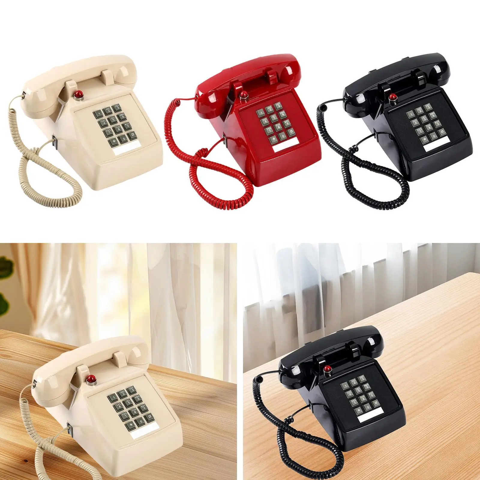 Vintage Design Wired Desk Telephone with Red Indicator for Room Decoration Metal Base Lightweight 5x8.7x4.5inch Large Button