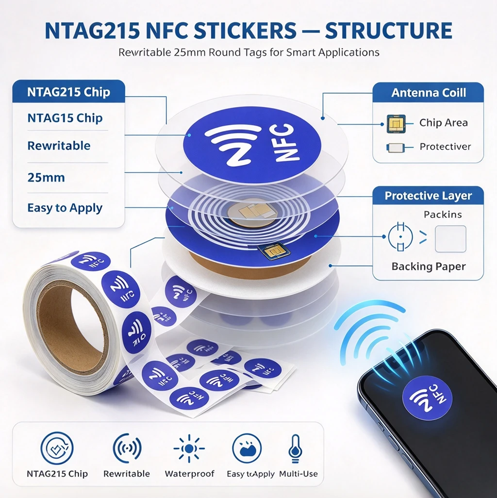 DIXSG 25mm Round NTAG215 NFC Tags Blue Printed NFC Stickers 13.56MHz Rewritable Self-Adhesive RFID Labels