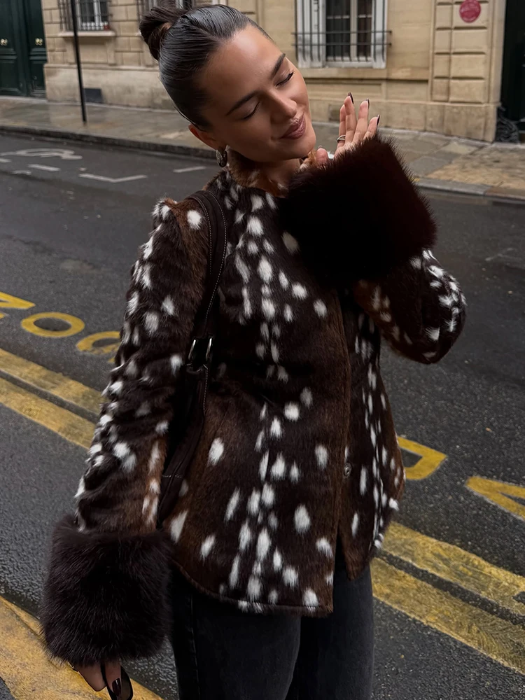 HH Vintage Deer Print Faux Fur Jacket Women Stand Collar Long Sleeve Slim Buttons Coat 2026 Winter Female Street Warm Outerwear