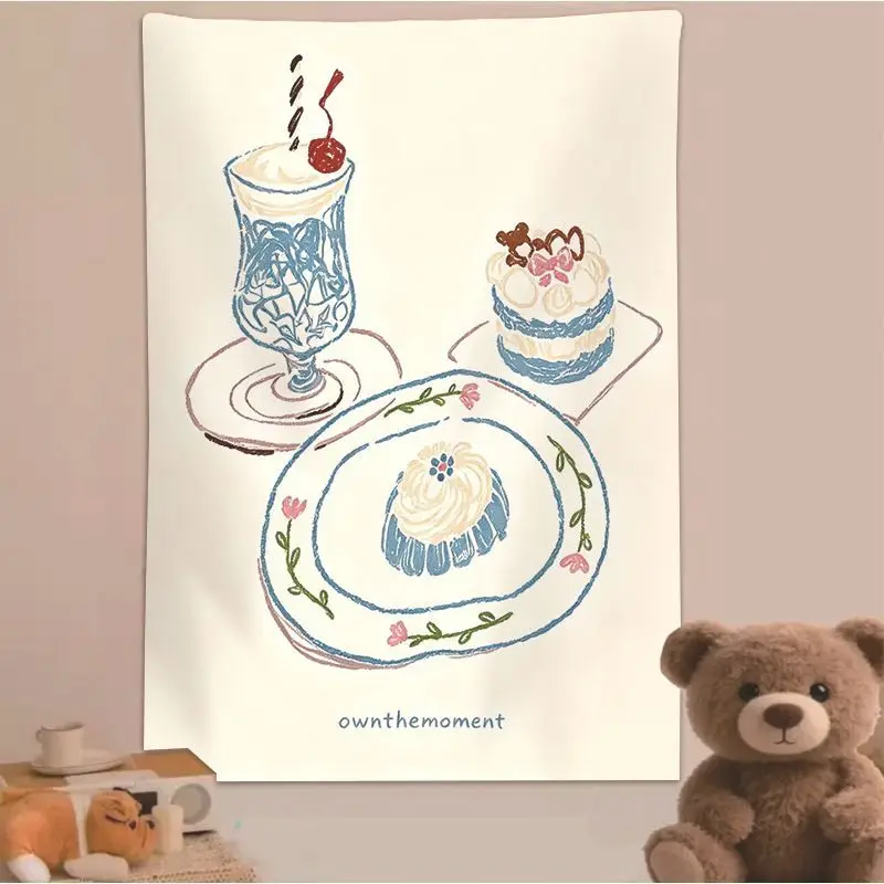 VIKAMA Cherry Cake Drawing Tapestry, Food Illustration Wall Hanging for Bedroom Kitchen Dining Decor