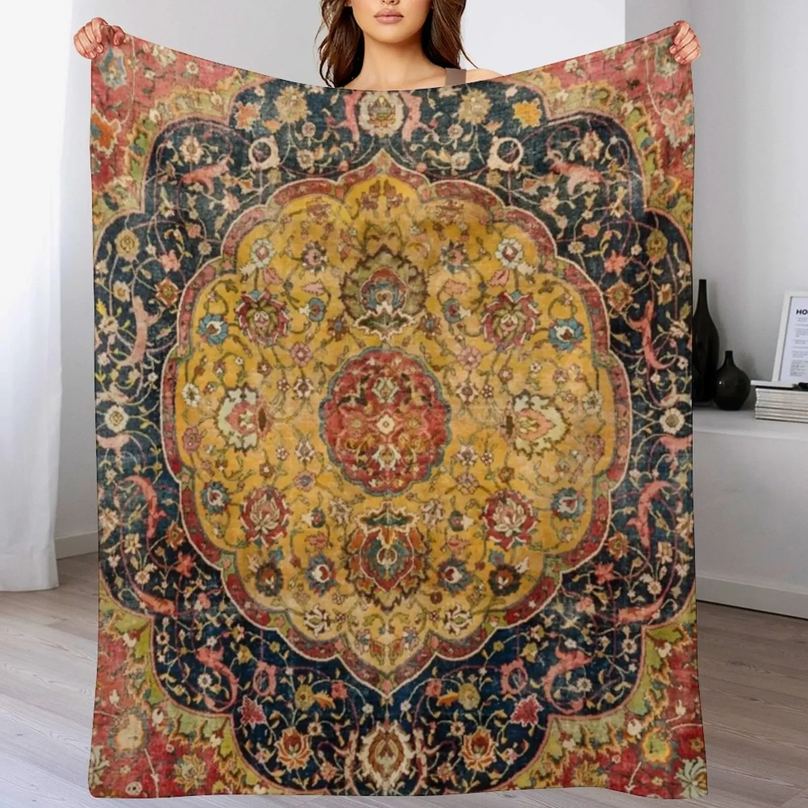 Indian Boho III // 16th Century Distressed Red Green Blue Flowery Colorful Ornate Rug Pattern Throw Blanket Cute Warm Blankets
