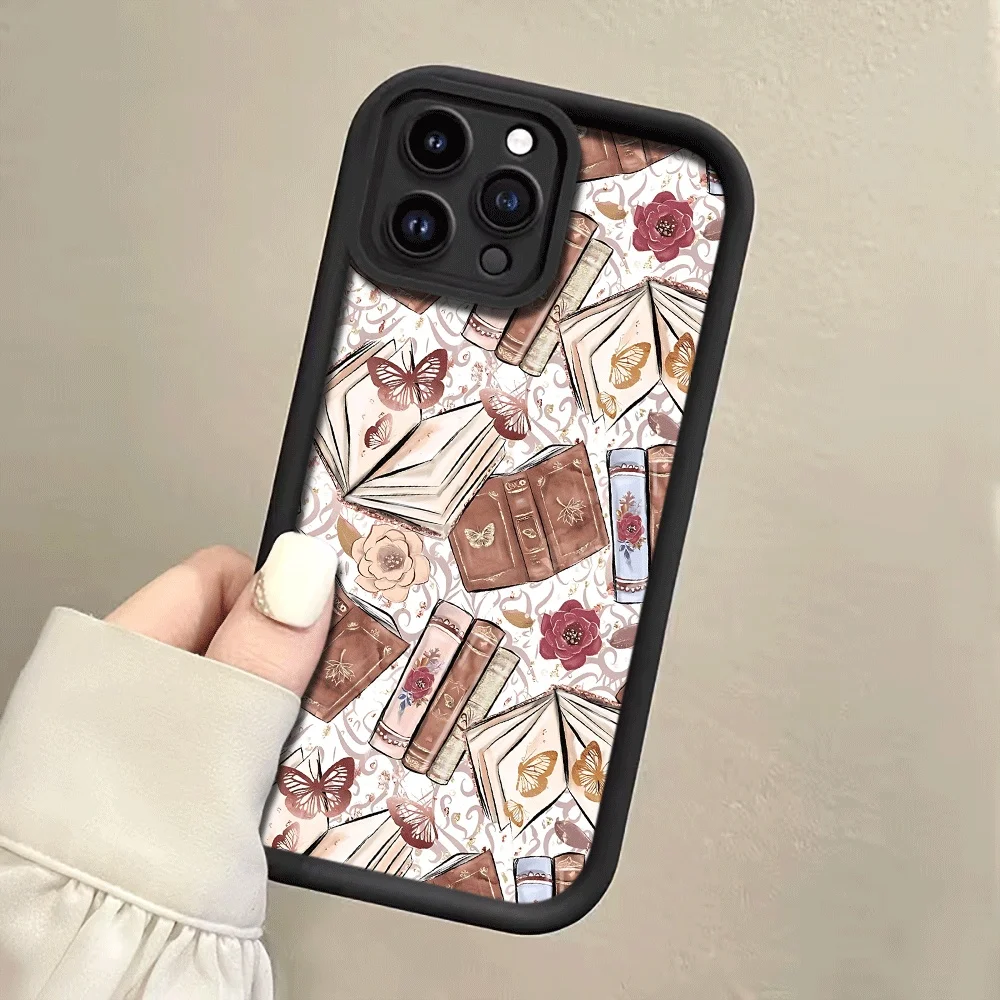Bücher Schmetterlinge Blumen Riemen Seil Handyhülle für iPhone 14 15 16 17ProMax 15 14 13 Pro Plus Stoßfeste Matte Silikonhülle – Detail 5