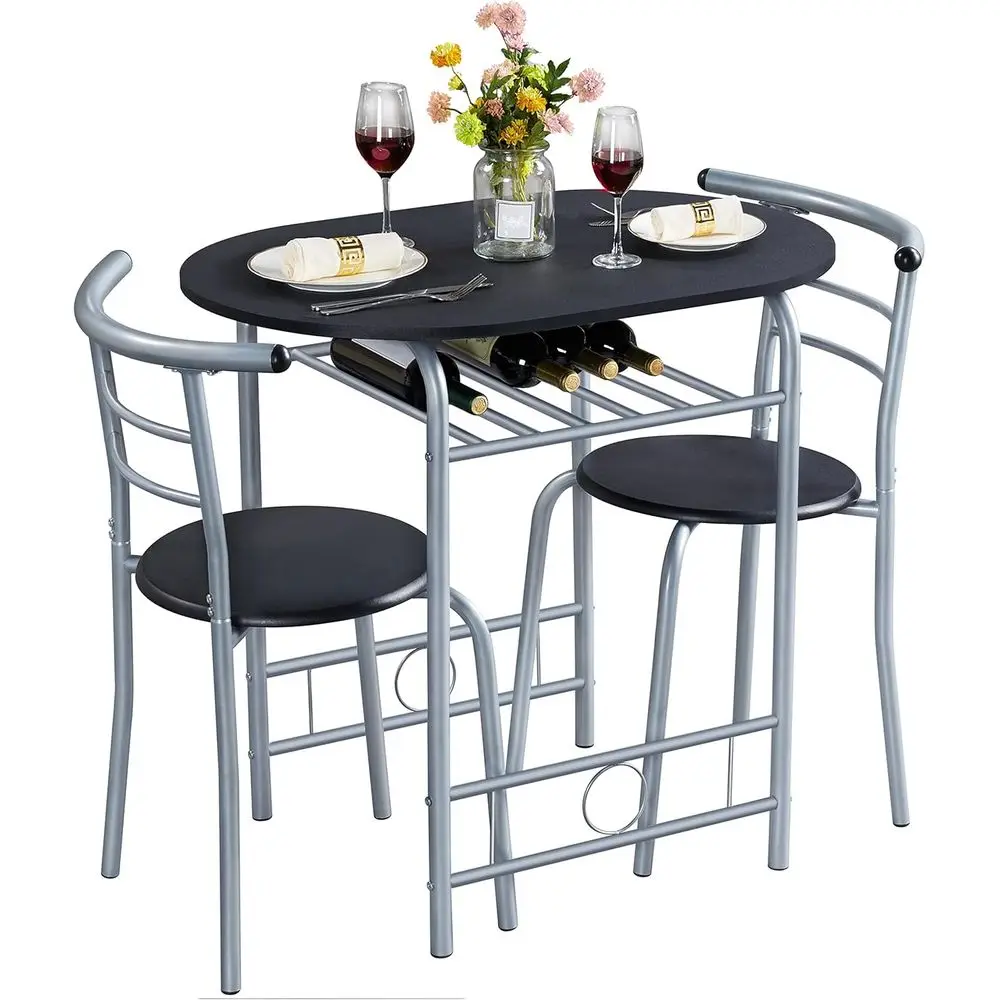 3-Piece Dining Room Table Set, Kitchen Table & Chair Sets or 2, Compact Table Set w/Steel Legs, Built-in Wine Rack or Breakast N