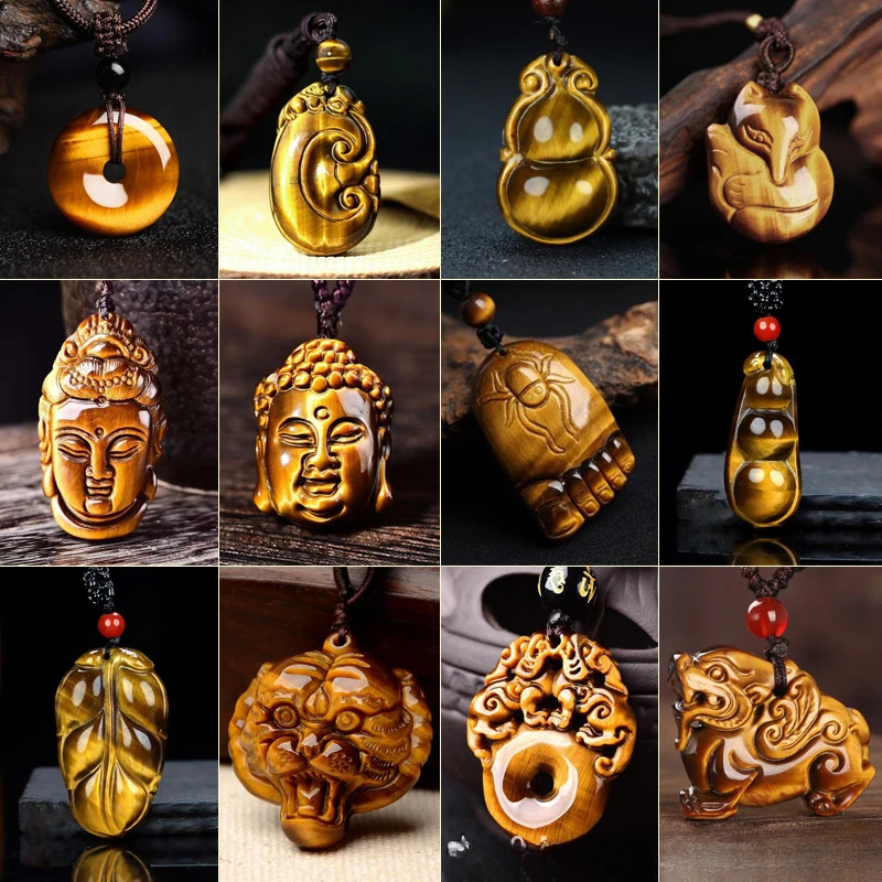 Brazilian Tiger Eye Stone Guanyin Buddha Head Pendant  Stone Tiger Head Safe Buckle Feet Bean Horn Fox Gourd Pixiu Stone Pendant