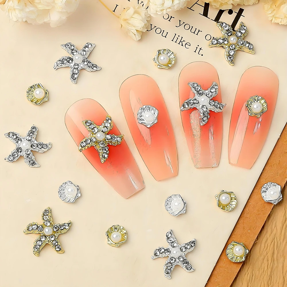 

10PCS 3D Luxury Alloy Shell Nail Art Rhinestone Pearl Starfish Charms Accessories For Nails Decoration Manicure Decor Supplies