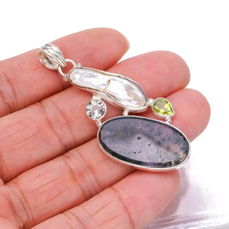 StarGems Natural Moss Agate&Biwa Pearl,Green Amethyst And Peridot Handmade 925 Sterling Silver Pendant 2 1/4