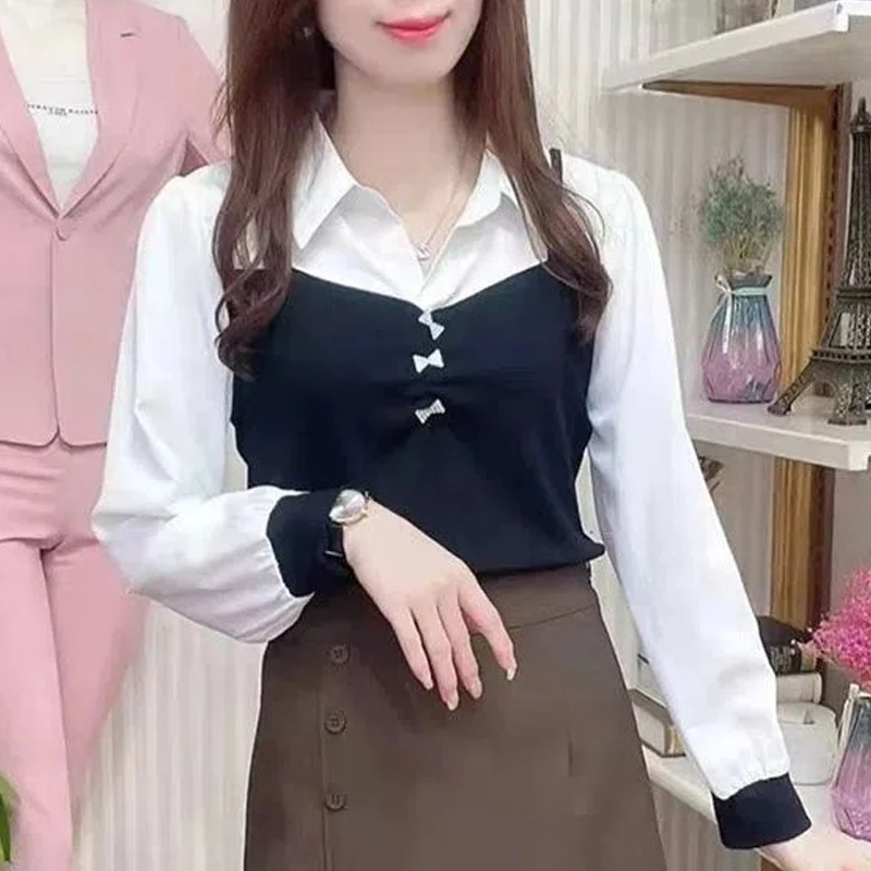 Spring Autumn New POLO Collar Fashion Long Sleeve Blouse Women Elegant Contrast Color Patchwork Pullovers High Street Casual Top