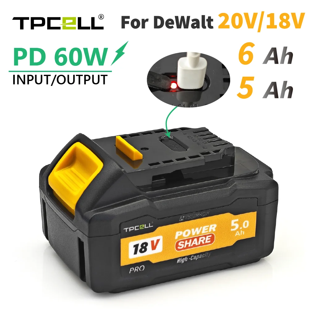 TPCELL For DeWalt DCB205 5Ah/6.0Ah with PD60W Output/Input Replacement Battery Compatible With For Dewalt 18V/20V Tools Battery