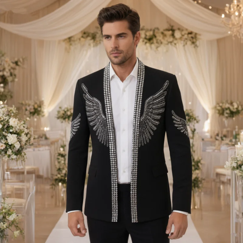 Fashion Men's Unique Design Black Cardigan Suit Suitable for Mens Weddings, Banquet, Stage Performances Dresses Blazer