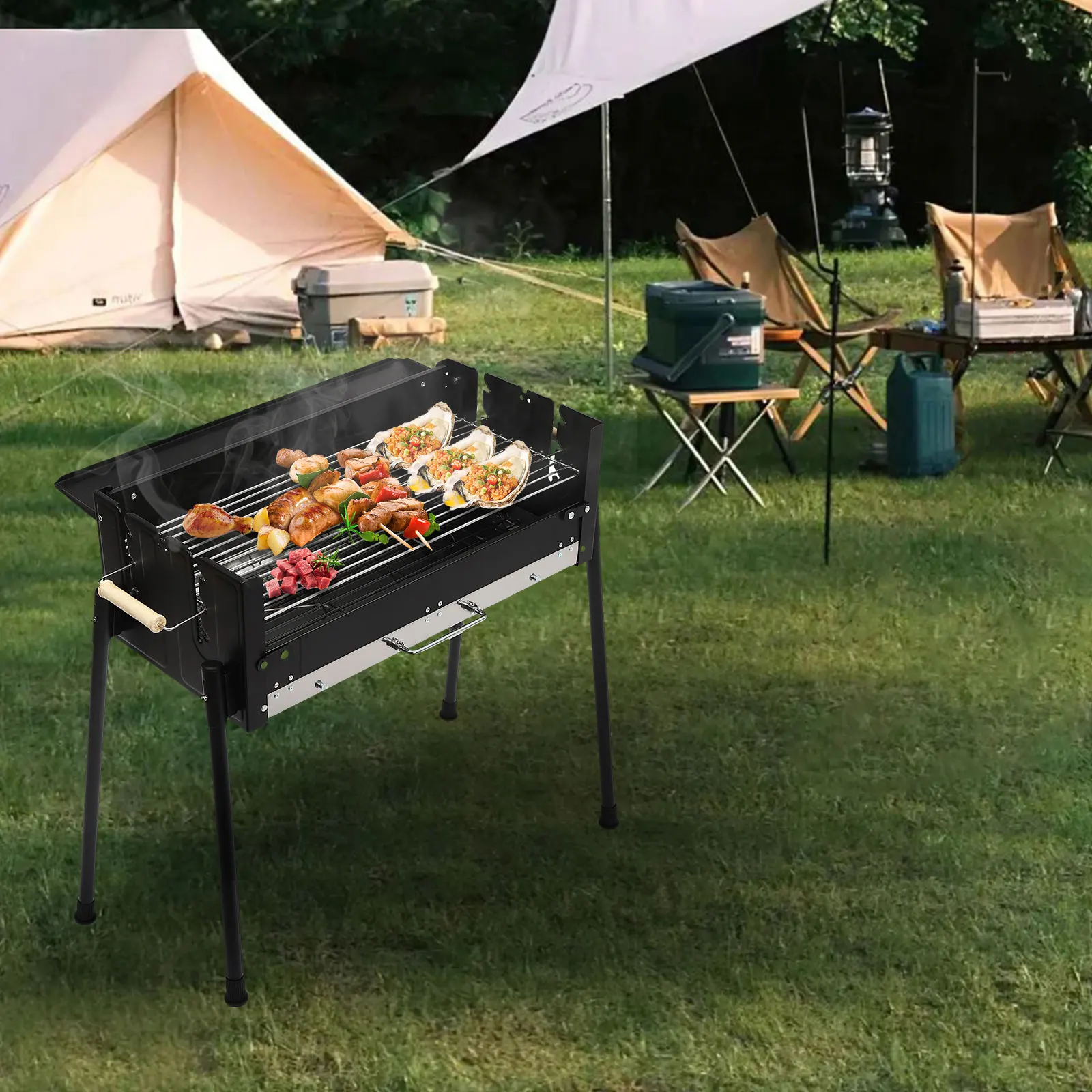 Portable Outdoor Stainless Steel Adjustable Height Barbecue Charcoal Grill BBQ Outdoor Folding BBQ