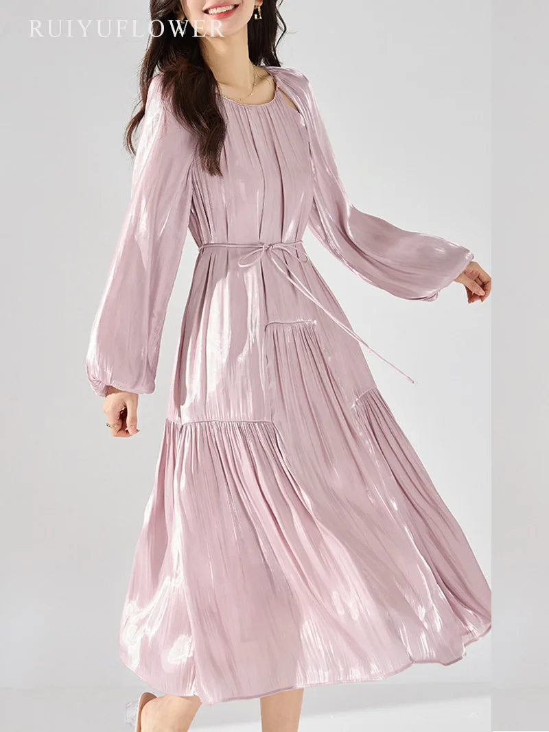 falda-larga-plisada-con-cuello-redondo-para-mujer-vestido-de-pastel-brillante-mangas-de-campana-coreanas-primavera-y-otono