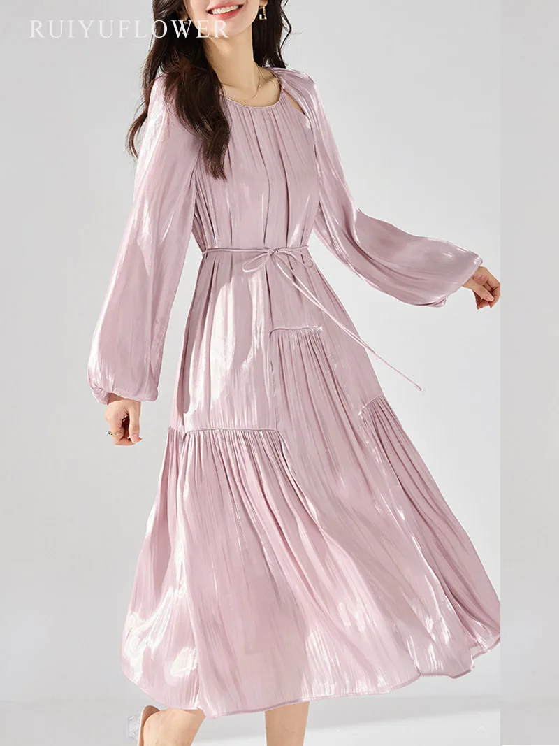 

Lady Korean Bell sleeves O-Neck Fairy skirts Cake dress Gloss Dress Spring Autumn Pressed Pleat Female Long Skirt Women Clothing